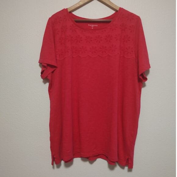 Talbots Fushia Pink Short Sleeve Round Neck Eyelet Front Panel T-Shirt Size 2X - Picture 1 of 8